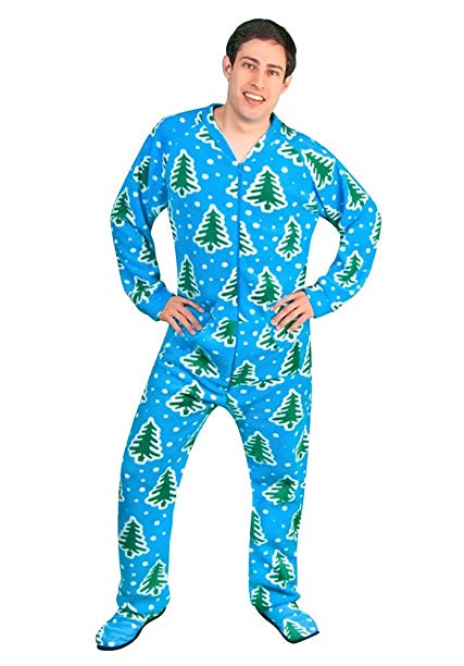 Adult Footed Pajamas with Butt Flap Christmas Trees and Snow