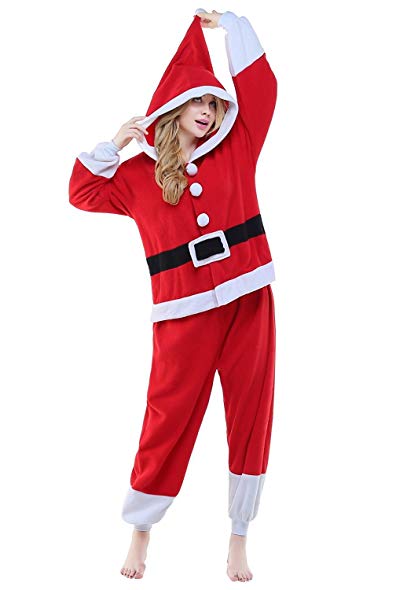 BELIFECOS Unisex Plush Santa Claus Pajamas One Piece Cosplay Holiday Costume
