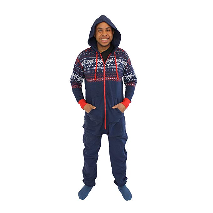 The Snooze Shack Hooded Onesie Jumpsuit with Diamonds - Navy & Red Bling Bling