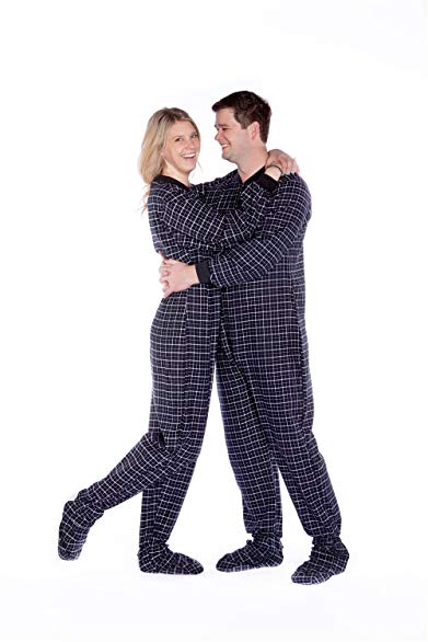 Black & White Plaid Cotton Flannel Onesie Adult Footed Pajamas w/Drop-seat