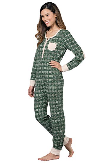PajamaGram Fair Isle Union Suit Onesie Women's Pajamas, Green