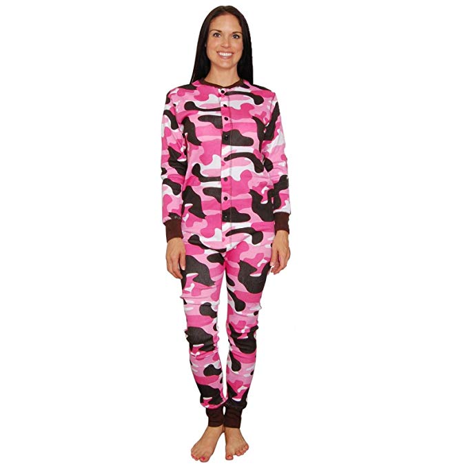 Lazy One Womens Camo Flapjacks Adult Onesie Pajamas (Pink)