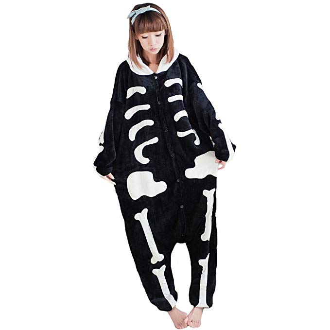 Angelliu Unisex Adult Black Skull Pajamas Onesies Fleece Sleepwear Costumes