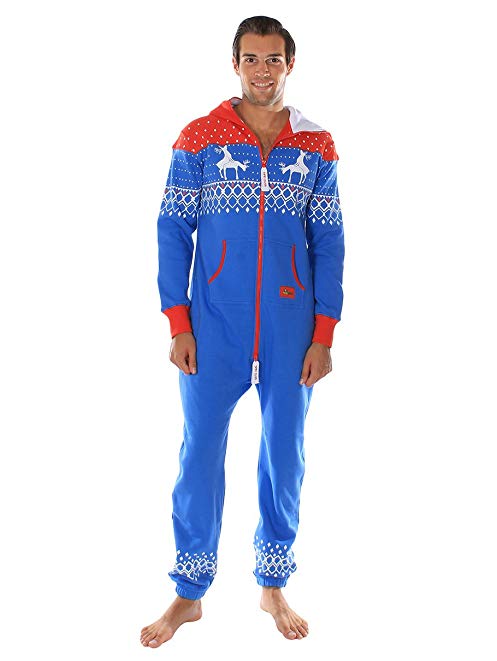 Ugly Christmas Sweater Party - Reindeer First Date Blue & Red Adult Jumpsuit