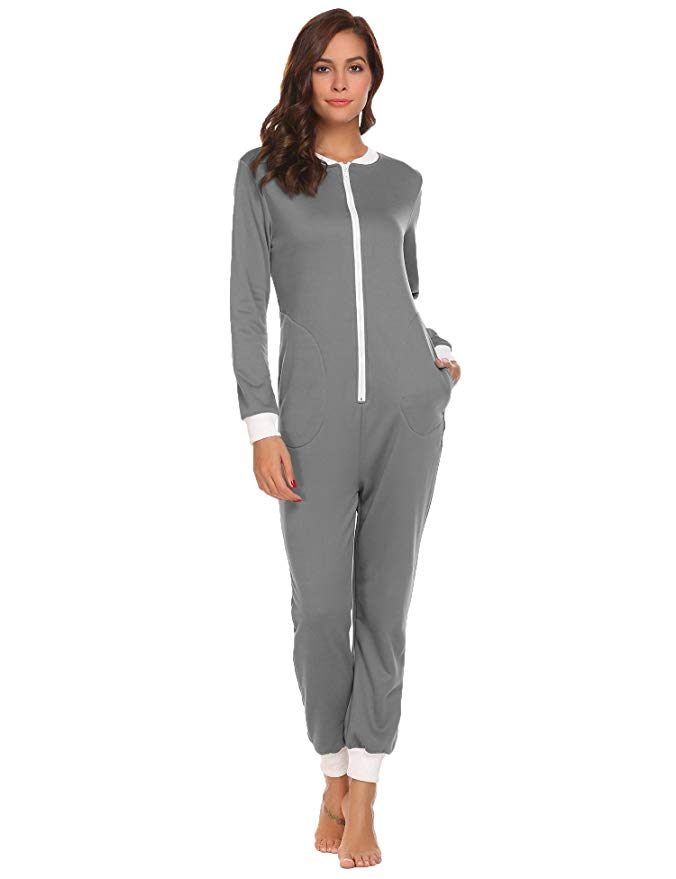 Hufcor Women’s Onesie Jumpsuit Non Footed Sleepwear Front Zipper and Side Pockets Pajamas