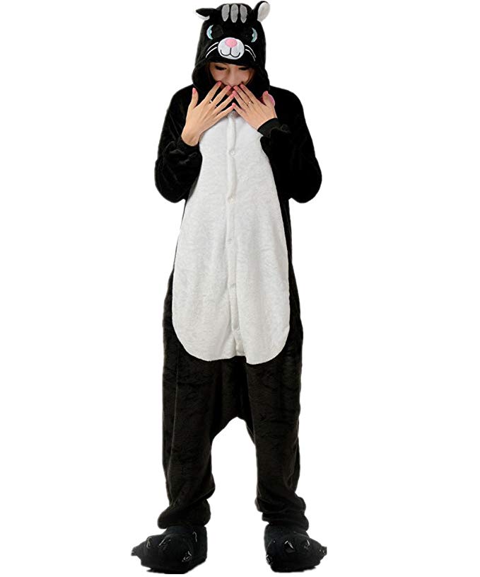 MizHome Unisex Black/White Cat Costume Sleepsuit Adult Animal Kigurumi Pajamas