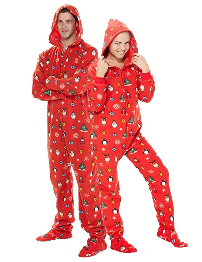 Footed Pajamas - Holly Jolly Christmas Adult Hoodie One Piece