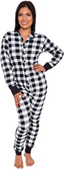 Silver Lilly Plaid One Piece Pajamas - Unisex Adult Union Suit Pajamas with Drop Seat by