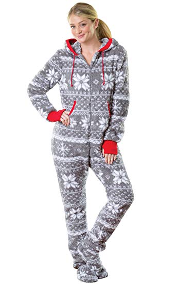 PajamaGram Hoodie-Footie Nordic Fleece Women's Onesie Pajama, Gray