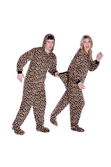 Leopard Print Adult Onesie Hoodie Plush Footed Pajamas w/Drop Seat