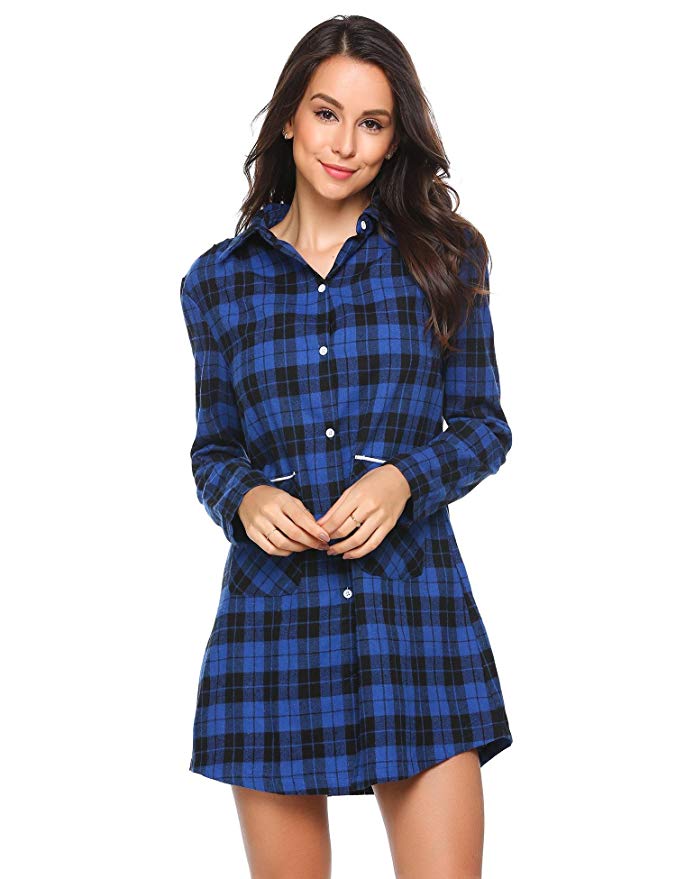 Hufcor Women Sleep Shirt Long Sleeve Plaid Button-Front Nightshirts with Pocket
