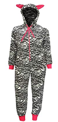 Totally Pink! Women's Zebra Print Plush Black And White One Piece Hooded Pajama