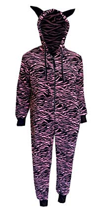 Totally Pink! Women's Zebra Print Plush Pink and Black One Piece Hooded Pajama